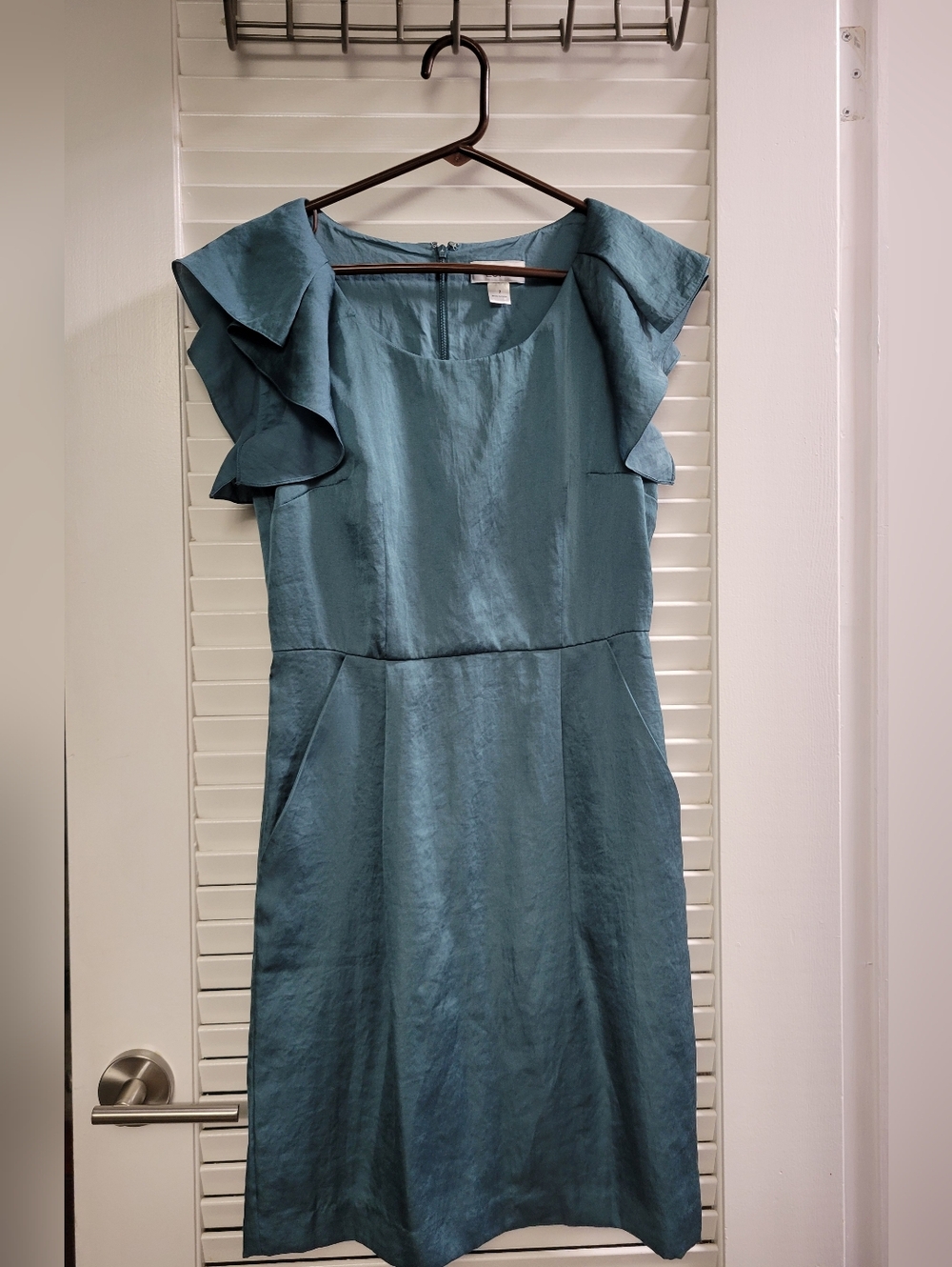 LOFT Teal-Blue Midi Dress with Ruffle Cap Sleeves